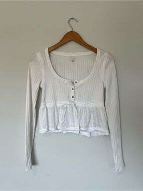 Pilcro White Ribbed Long-Sleeve Peplum Top with Tie Front
